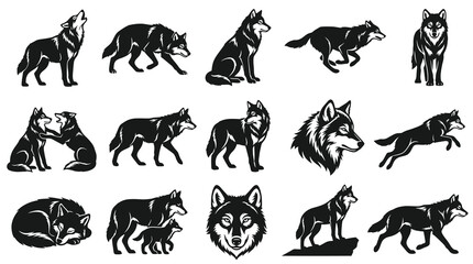 Obraz premium Animal Wildlife Wolf Black and White Vector Illustrations Set - Predator Graphic Designs Collection