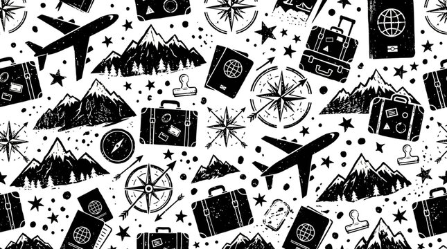 Vintage travel and adventure seamless pattern with outdoor icons