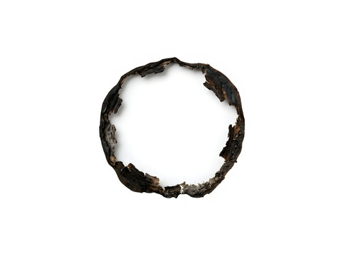 Charred wood circle frame with burnt edges on white background transparent background