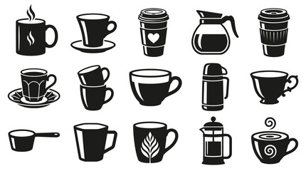Fototapeta premium Black White Glyph Coffee Icons Set: Cups, Mugs, Takeaway, French Press Beverage Makers for Cafe Drink Industry