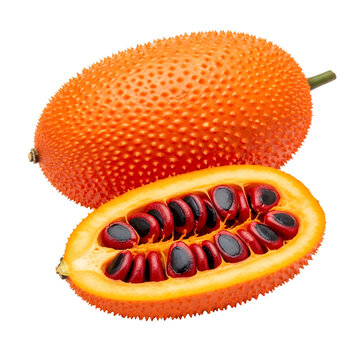 Ripe spiky gac fruit whole and halved on transparent surface.