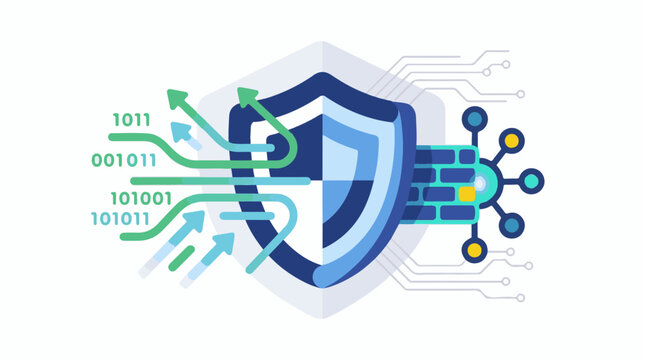 A blue shield with arrows and binary code and a virus