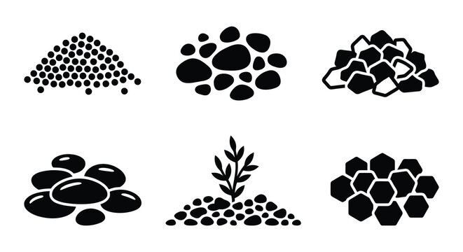 Collection Of Black Silhouette Rock And Pebble Shapes On White Background