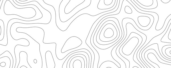 Topographic map contour lines pattern, abstract black and white background, with flowing organic, shapes and irregular, curves representing elevation, or terrain mapping © VxGFX