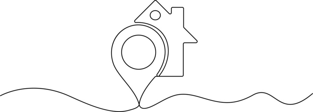 Continuous line drawing of a home icom amd map pin pointer for real estate location 