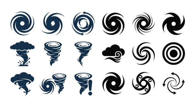 Hurricane Icons Collection Dark Blue Spirals And Cloud Shapes On White