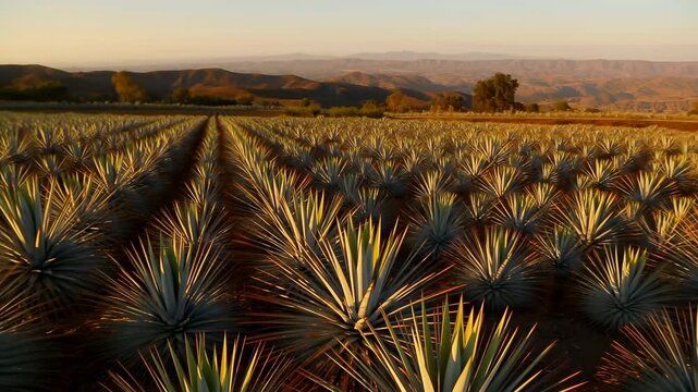 Aerial goldenhour agave plantation midsequence showing mature plants in parallel rows with warm