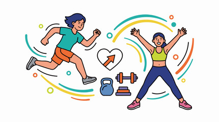 Obraz premium A cartoon illustration of two people exercising with fitness equipment