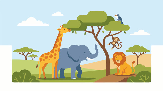 A colorful illustration of a giraffe, elephant, lion, monkey, and toucan in a savannah