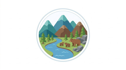 Obraz premium Stylized Mountain Landscape with River and Bear.