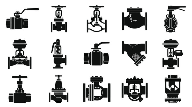 Industrial Valves Glyph Icons Set. Black Silhouette Flow Control and Pipe Fittings Equipment.