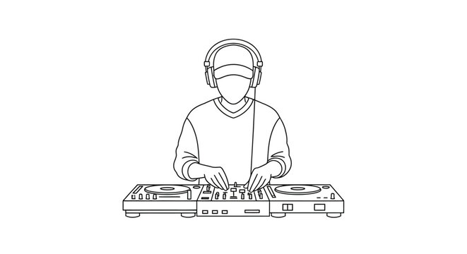 DJ playing music on turntables with headphones, line art illustration
