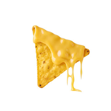Single crispy nacho chip topped with melted cheddar cheese sauce.