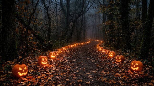 Spooky halloween silhouette glowing jack o lanterns in a dark forest
