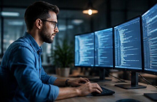 IT engineer working at multiple monitors with software code and network dashboard