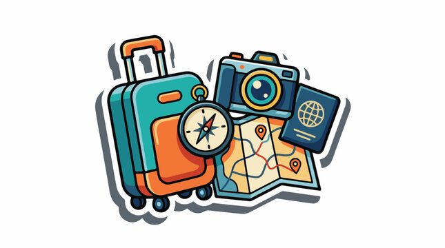 A colorful illustration of a travel-related icon set including a suitcase, camera, compass, map, and passport
