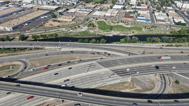 Aerial view of the S Santa Fe Drive, flanked by the Platte River