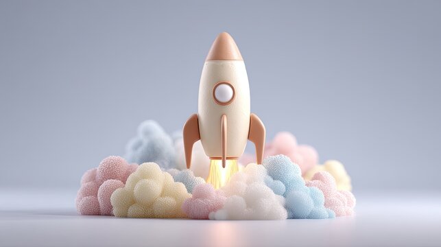 Pastel rocket launching amidst fluffy clouds
