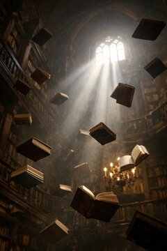 Floating books in mystical library