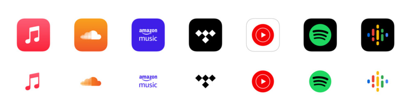 Streaming music podcast app logo icons set soundcloud, spotify, youtube music collection