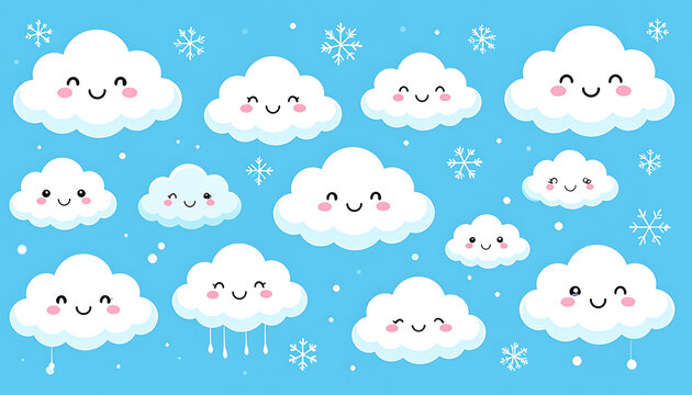 Cute pixel art clouds with kawaii faces and snowflakes, soft sky background, playful and whimsical elements