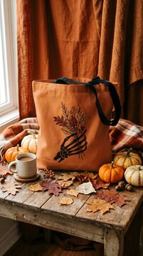 Autumn tote bag with skeleton hand and fall decor on rustic table skeleton pumpkins halloween decoration seasonal shopping aesthetic