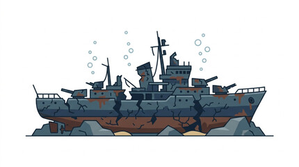 Sunken warship wreck resting on the seabed with debris. © Kilouhz