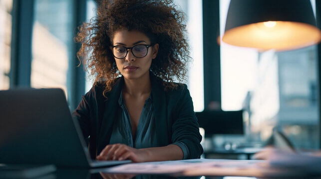  Focused Brazilian businesswoman in glasses working late on laptop in a modern atmospheric office