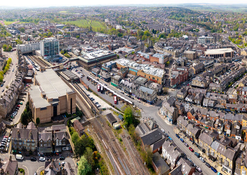Aerial view of Harrogate Town centre with train station and high street shops