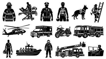 Obraz premium Black and White Icons of Emergency Services Personnel and Vehicles