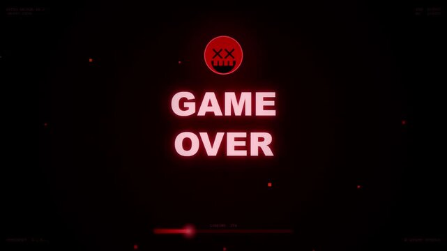Retro Arcade Game Over Red Glitch Loading Animation with Skull Score Stats and Press Start Motion Graphic