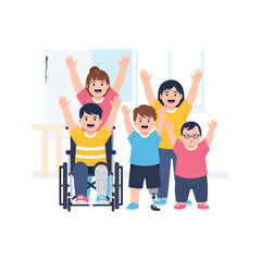 Fototapeta premium A group of diverse happy children standing together with arms raised in joy