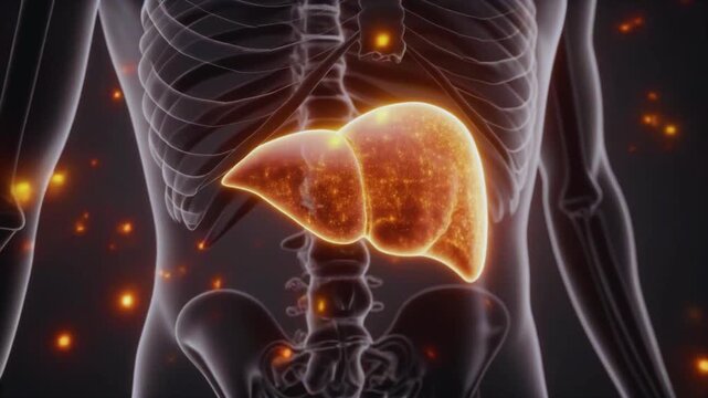 Medical 3D visualization of human liver anatomy featuring glowing highlights on organ structure health biology science physiology healthcare