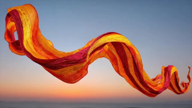 A flowing, colorful fabric dances in the wind against a gradient sky and ocean