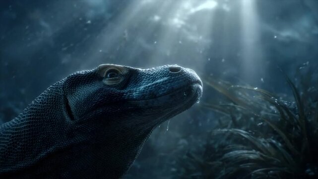 A Komodo dragon's profile is highlighted by ethereal light amidst an aquatic scene
