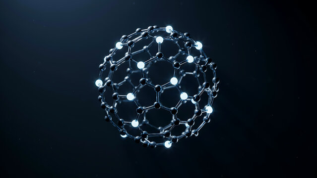 Molecular structure of carbon fullerene buckyball glowing with blue light in dark space concept for nanotechnology and chemical research with atoms and bonds in spherical pattern.