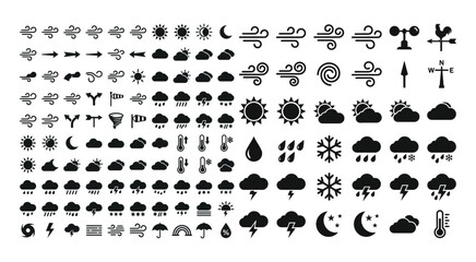 Fototapeta premium Weather Icons Collection Flat Black Silhouettes On White Background pictograms