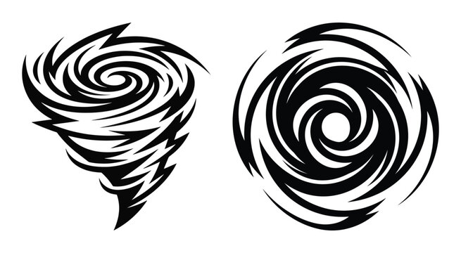 Spiral vortex silhouettes black and white graphic design elements on white background