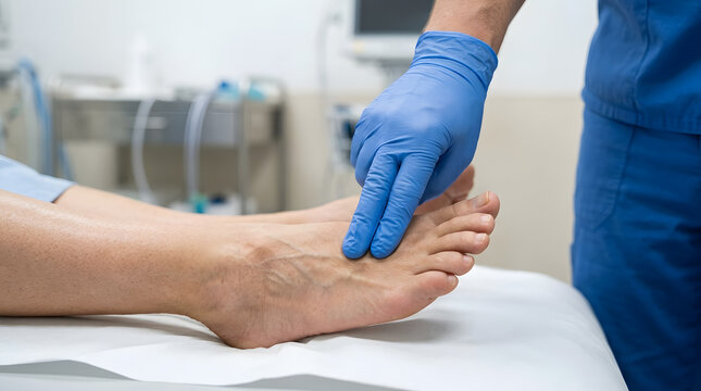 Close-up of a healthcare provider examining a patient's heel and foot structure in a clinic