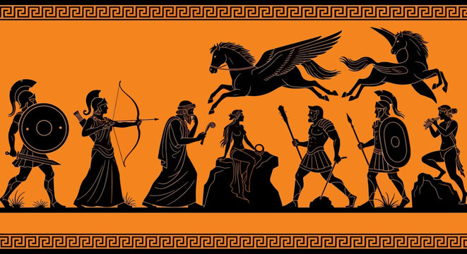 Ancient Greek Warriors and Mythology Scene.
