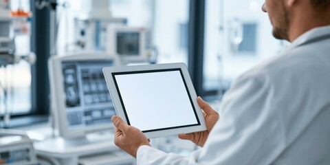 Fototapeta premium Medical Worker with Tablet in Clean Clinical Setting