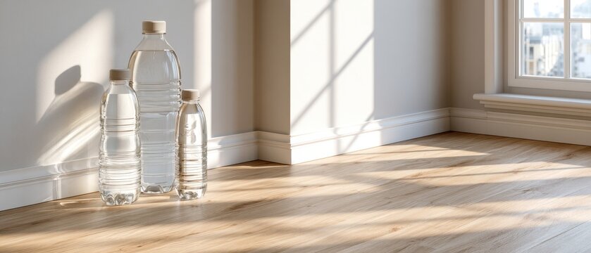 A small room has stacked water bottles in the corner by a window. The soft daylight highlights the neutral tones and empty wall space