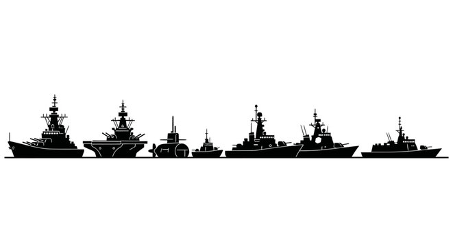 Silhouette of Various Warships at Sea.