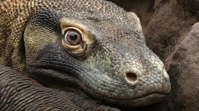 Close-up of a reptile's face, displaying textured skin and a focused eye