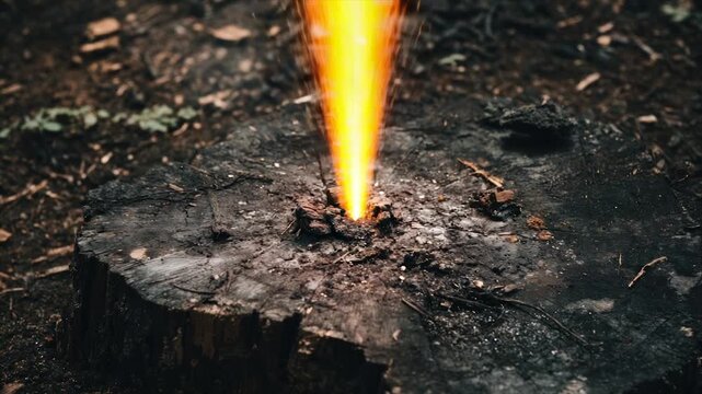An eye-level shot captures a stump with light emanating from a central point