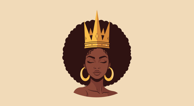 Black woman with afro hair wearing gold crown.