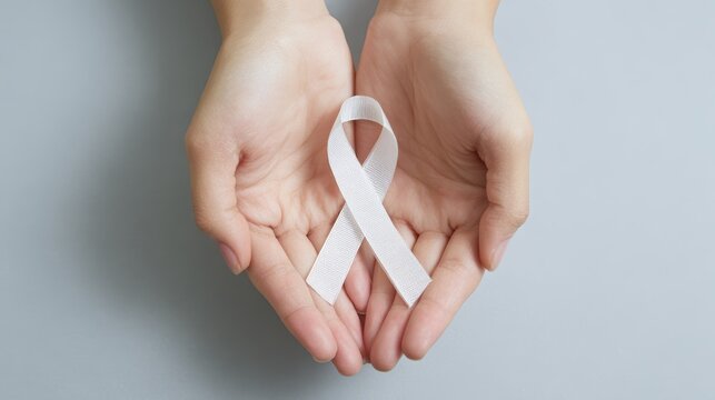 Hands holding white awareness ribbon symbolizing cancer support and hope