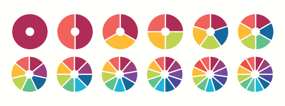 Set of Pie chart. Colorful diagram collection with sections or steps. 1,2,3,4,56,7,8,9,10,11,12 segment infographic. Circle pie chart diagram. Set of colorful pie charts with varying segments.
