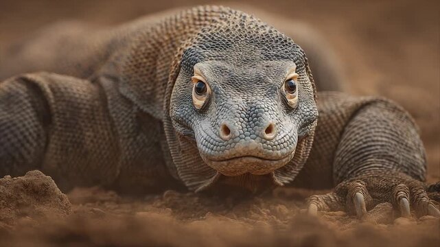 Close-up of a large reptile. Its head and face are the main focus, staring directly at the viewer