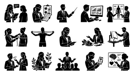 Obraz premium Solid Silhouette Glyph Icons of Healthcare, Business Education Professionals for Consulting Wellness